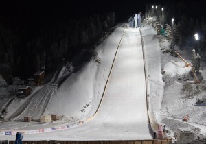 Vikersund HS225, the world's greatest ski flying hill, floodlit during test jumping before the first World Cup event, which was the first competition after the complete rebuilding in 2010-2011